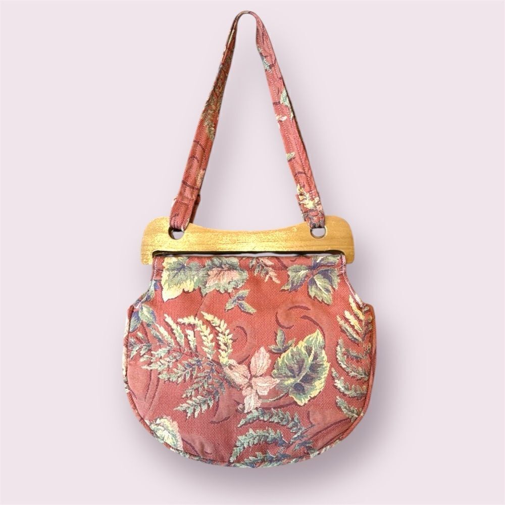 VINTAGE Floral Boho Tapestry Shoulder Bag With Wooden Handle